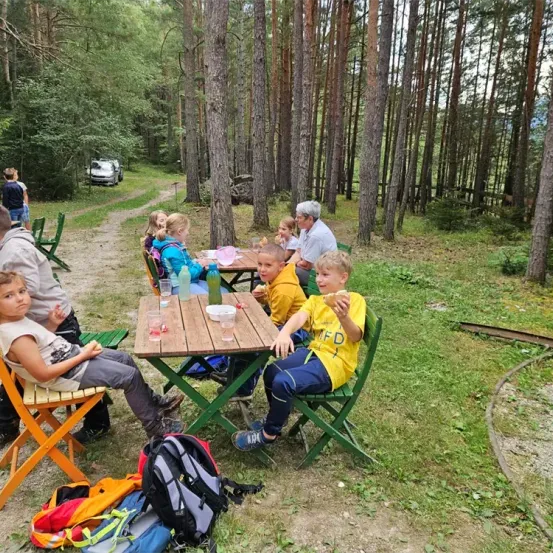 Eine Familie picknickt in einer Waldlichtung mit zwei Tischen, einigen Erwachsenen und Kindern, die herumsitzen. In der Nähe ist ein Auto auf einem Feldweg geparkt.
