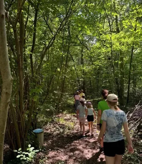 Eine Gruppe von Menschen, darunter Kinder, geht auf einem schmalen Pfad durch einen dichten Wald. Sie sind von hohen Bäumen und üppiger grüner Vegetation umgeben.