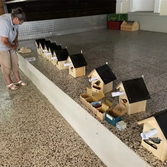 Eine Frau untersucht eine Reihe von Holzvogelhäusern mit schwarzen Dächern auf einem gefliesten Boden. Papiere und kleine Kisten sind herum verstreut.