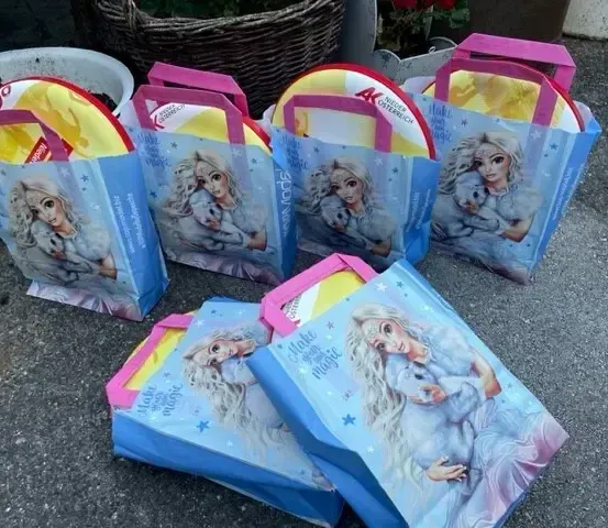 Fünf blaue und rosa Taschen mit dem Bild einer Figur aus Frozen liegen auf dem Boden.