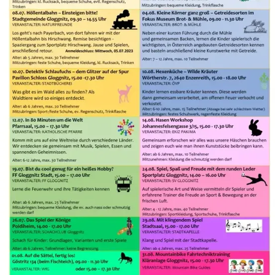 Eine Reihe von für Kinder geplanten Veranstaltungen wird gezeigt, einschließlich Aktivitäten wie Dampfzugfahrt, Museumsbesuch, Schnitzeljagd, Walderlebnis, Hasenworkshop, Wildtierworkshop, Feuerwehrerfahrung, Schachspiel und Fahrradtour. Jede Aktivität hat eine Altersgrenze und spezifische Anforderungen.