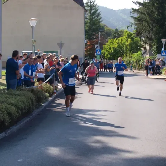 Läufer nehmen an einem Marathon bei sonnigem Wetter teil. Zuschauer jubeln ihnen von der Straßenseite zu. Bäume und Straßenlaternen säumen die Straße.