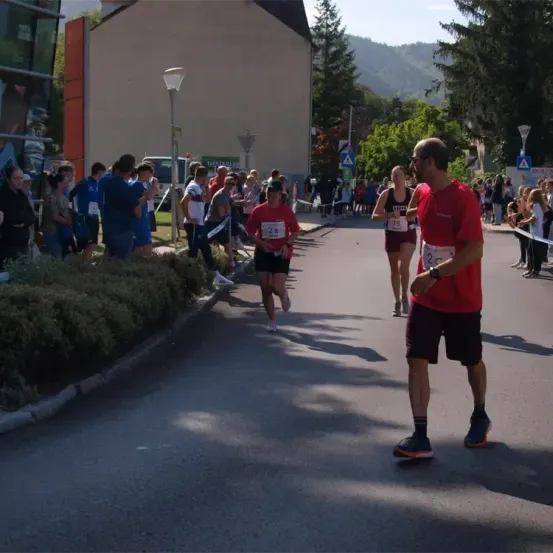 Ein Marathon ist im Gange. Läufer passieren auf einer Straße, die von Zuschauern gesäumt ist. Im Hintergrund sind Bäume und Gebäude sichtbar.
