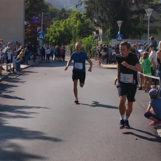 Zwei Männer laufen einen Marathon. Zuschauer beobachten vom Bürgersteig. Bäume und Straßenlaternen säumen die Straße.
