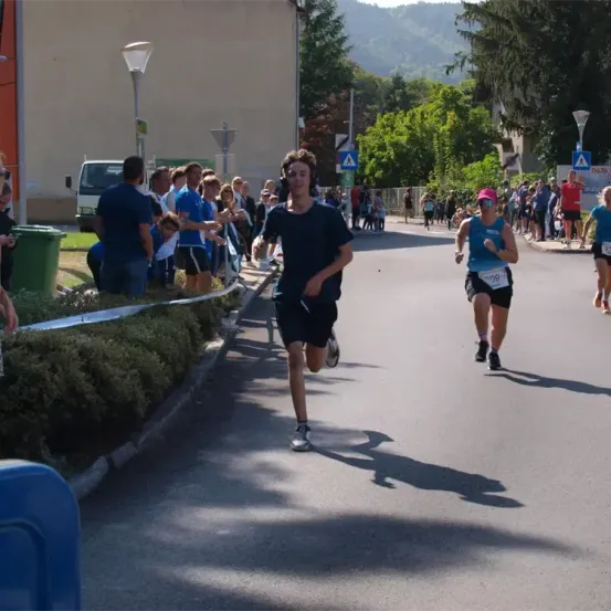 Ein Läufer führt einen Marathon an, während eine Menge von der Seite jubelt. Zuschauer beobachten hinter Barrieren, und Bäume säumen die Straße. Ein grüner Mülleimer ist sichtbar.