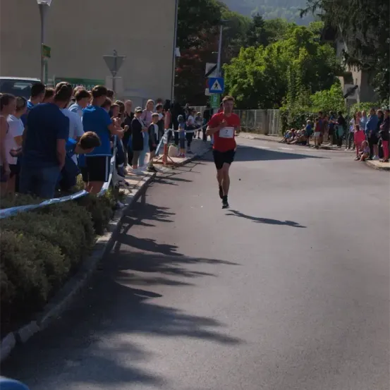 Ein Läufer mit der Nummer 7 auf seinem Shirt nimmt an einem Marathon teil, mit vielen Zuschauern am Straßenrand.