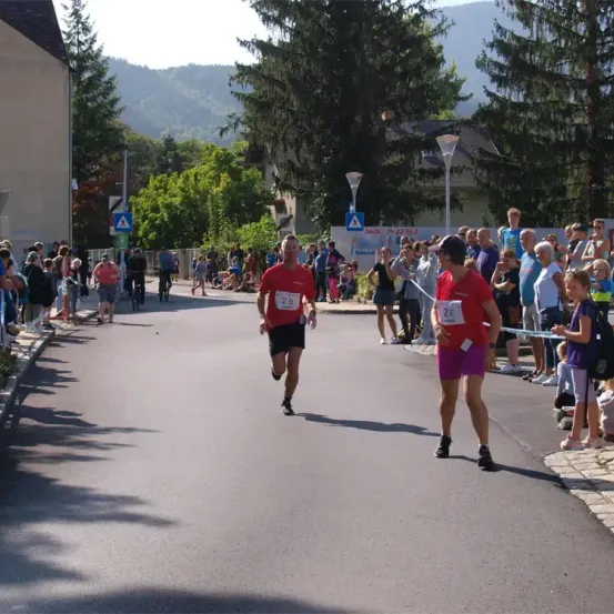 Ein Mann läuft bei einem Marathon mit der Nummer 2D auf seinem Shirt, während eine andere Person neben ihm geht. Zuschauer beobachten am Straßenrand.