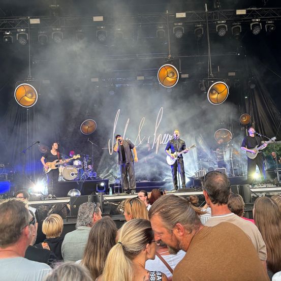 Eine Band spielt auf der Bühne mit Raucheffekten und Scheinwerfern. Das Publikum beobachtet von unten.