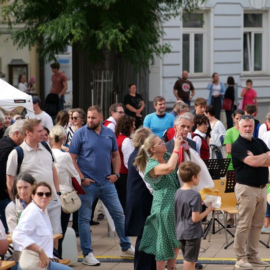 Eine Menschenmenge versammelt sich im Freien. Einige stehen, andere sitzen auf Stühlen. Eine Frau in einem grünen Pünktchenkleid macht ein Foto. Im Hintergrund befinden sich Bäume und ein Gebäude.