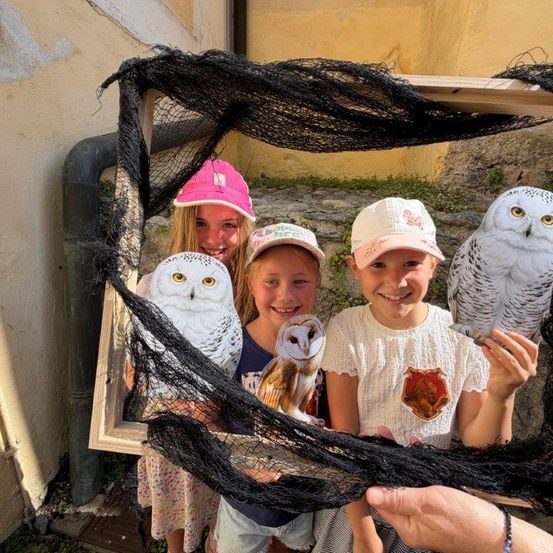 Drei Kinder posieren für ein Foto mit einem Rahmen aus schwarzem Netz und Holzrahmen und halten Plüsch-Eulen. Das Mädchen links trägt eine rosa Mütze, die in der Mitte eine grüne Mütze und das Mädchen rechts ein weißes T-Shirt mit einem Harry-Potter-Patch.