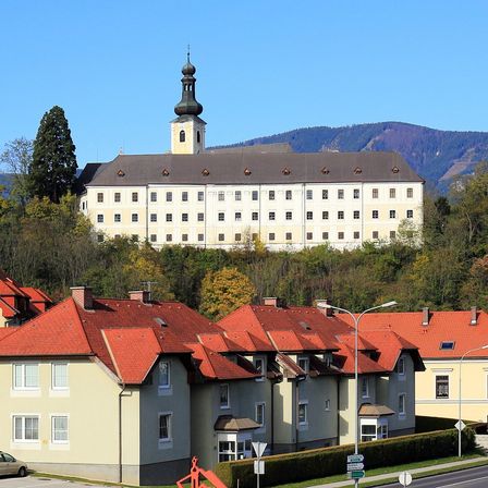 Ein großes weißes Gebäude mit roten Dächern und einem Turm steht auf einem Hügel, umgeben von Bäumen und Häusern mit roten Dächern.