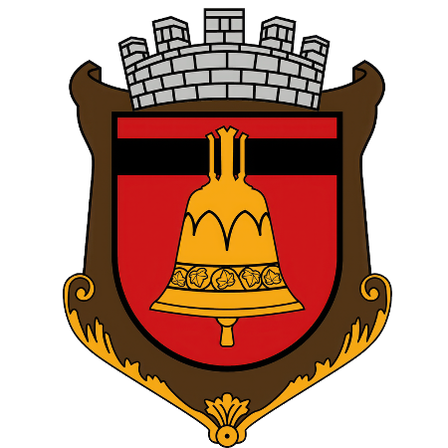 Ein heraldischer Schild mit einer Burg oben und einer goldenen Glocke in der Mitte, umgeben von einem roten Feld und einem schwarzen Streifen.