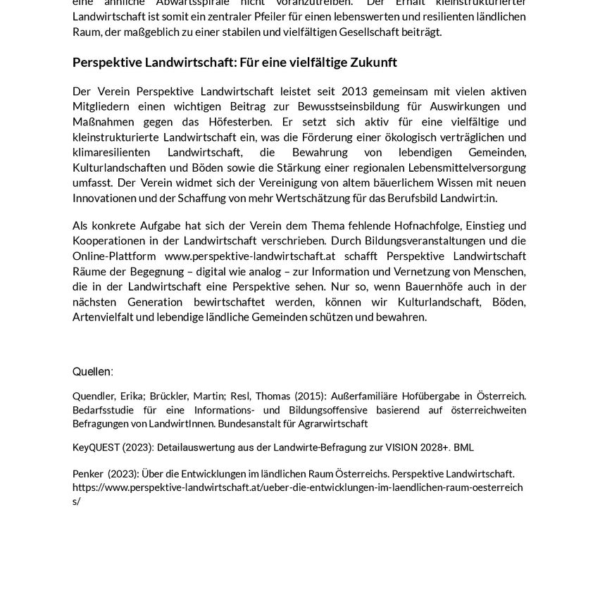 Der Verein Perspektive Landwirtschaft leistet seit 2013 gemeinsam mit vielen aktiven Mitgliedern einen wichtigen Beitrag zur Bewusstseinsbildung für Auswirkungen und Maßnahmen gegen das Huf- und Klauensterben. Er setzt sich aktiv für eine vielfältige und kleinstrukturierte Landwirtschaft ein, die Förderung einer ökologisch verträglichen und klimaresilienten Landwirtschaft, die Bewahrung von lebenden Gemeinschaften, Landschaften und Böden sowie die Stärkung einer regionalen Lebensversorgung umfasst.