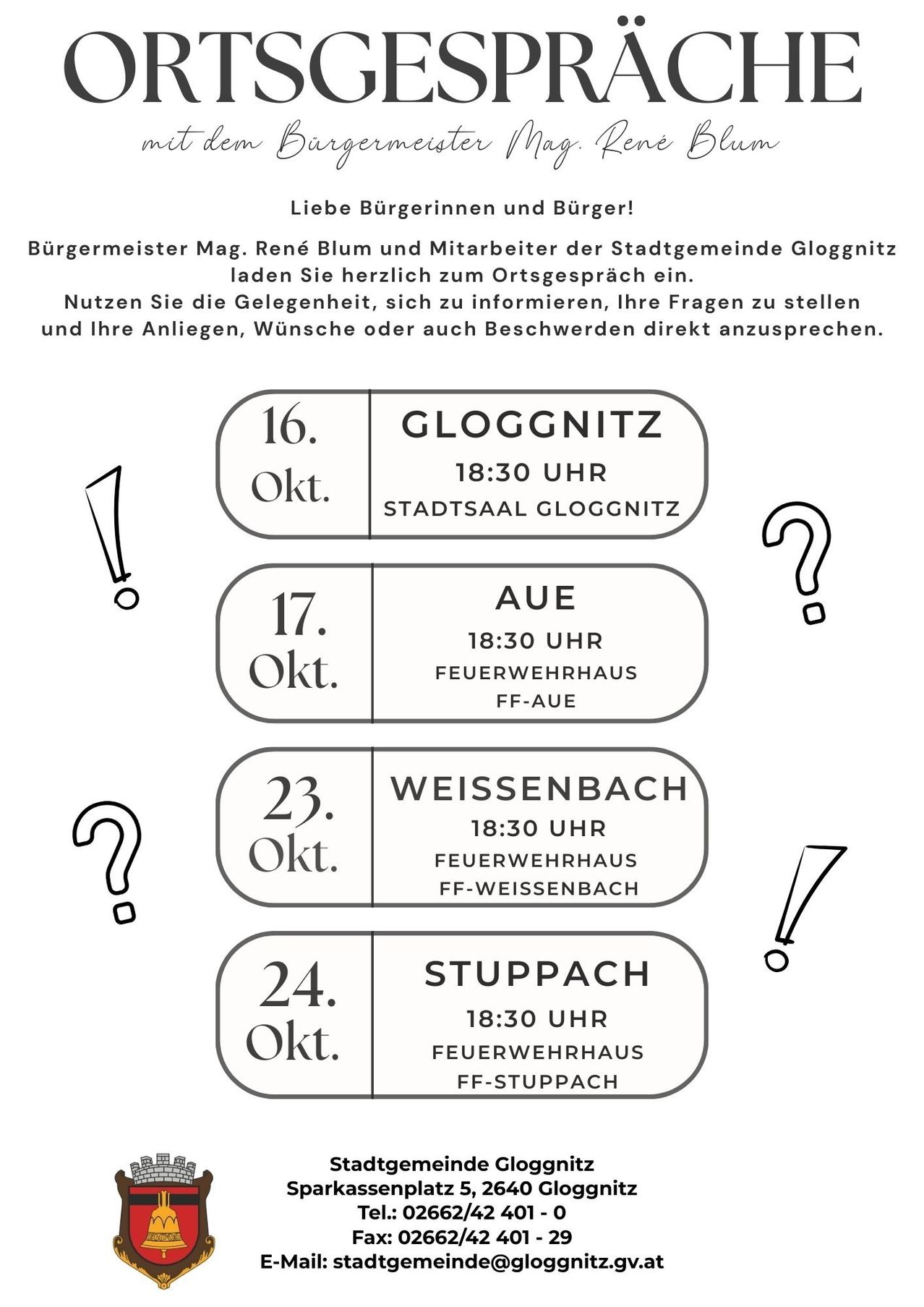 Einladung von Bürgermeister Mag. René Blum und Mitarbeitern der Stadtgemeinde Gloggnitz an die Bewohner zur Ortsversammlung. Zeiten und Orte für verschiedene Bezirke aufgeführt.