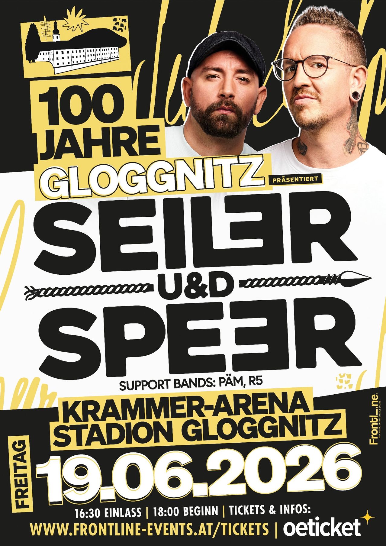Plakat für 100 Jahre Gloggnitzer mit Seiler Speer, den Bands PAM und R5, in der Krammer-Arena Gloggnitzer Stadion. Datum: 1. Juni 2026.
