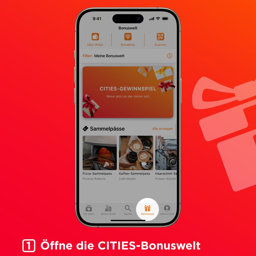 Ein Smartphone-Bildschirm zeigt einen roten Hintergrund mit einem Aktionsbanner für CITYS-Bonuswelt, einschließlich Optionen wie Mein Wallet, Kontaktlos und Scannen. Der Bildschirm zeigt auch einen Geschenkkarten-Banner mit dem Text 'Cities-Gewinnspiel'. Unten befinden sich Optionen zum Sammeln von Pässen, Suchen und ein Geschenk-Symbol. Der untere Teil des Bildes hat einen roten Hintergrund mit dem Text 'Öffne die CITYS-Bonuswelt'.