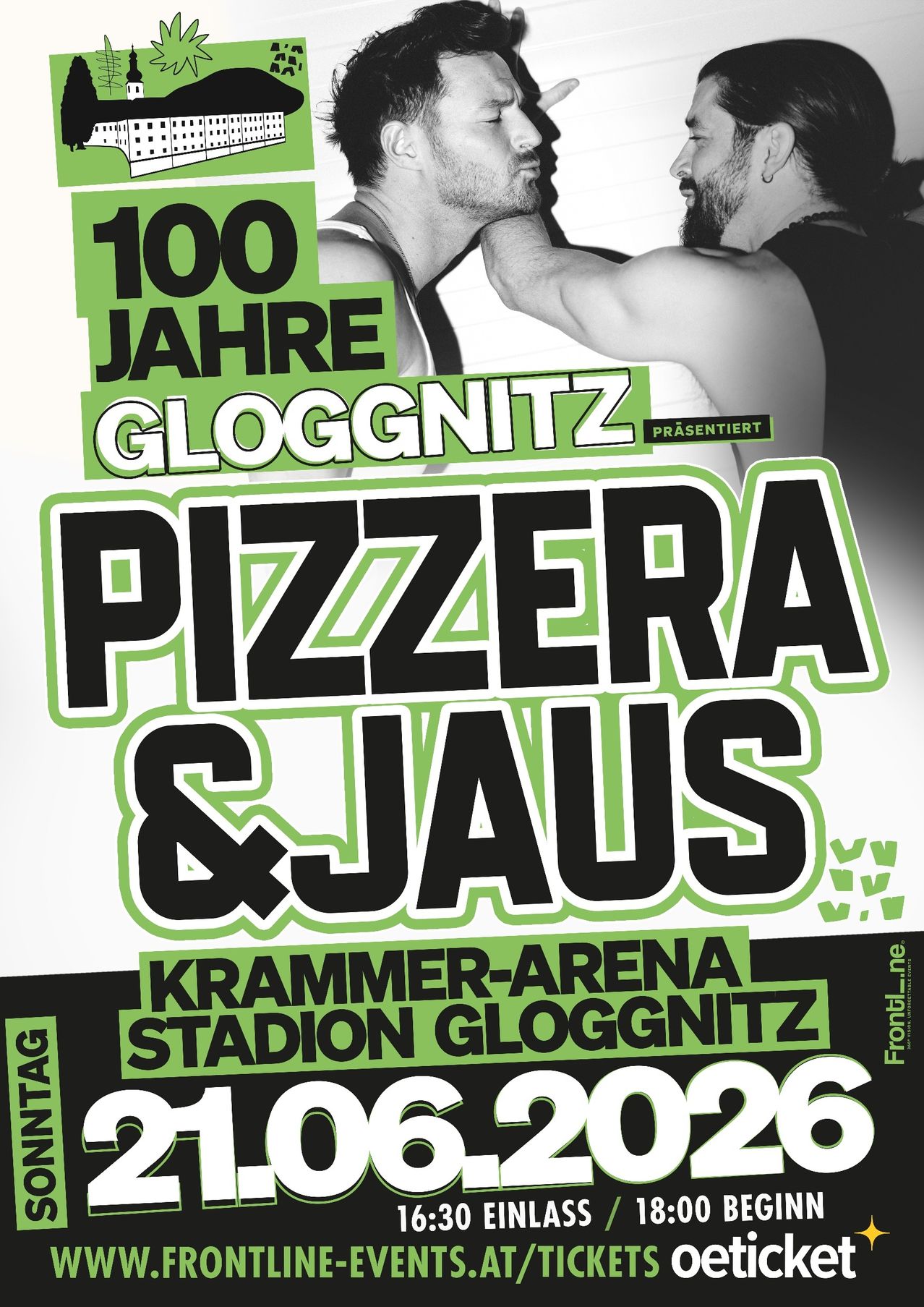 Plakat für eine Veranstaltung mit dem Titel '100 Jahre Gloggnitzer Pizza & Jaus' in der Krammer Arena in Gloggnitzer. Datum: 31.08.2026. Enthält ein großes Bild von zwei Männern, einer in einem weißen und der andere in einem schwarzen Hemd.
