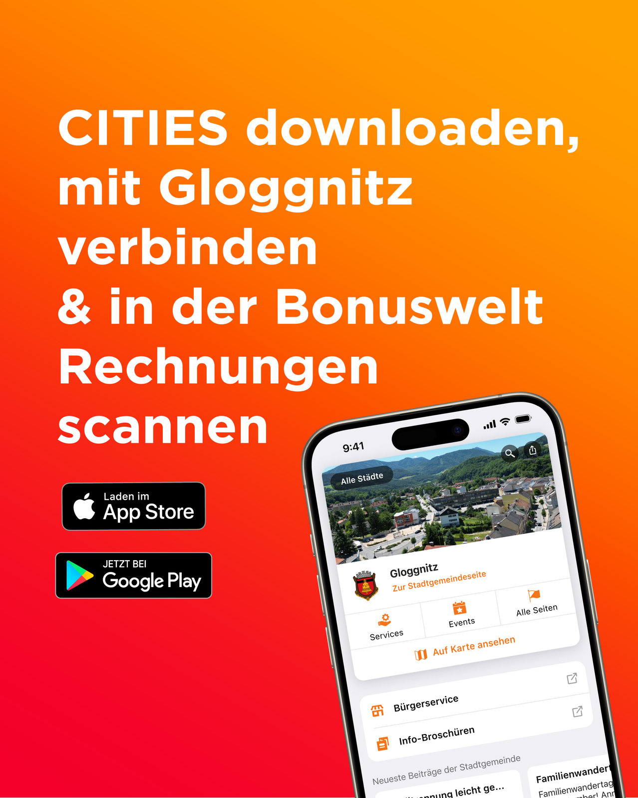 Eine Werbung für eine mobile App zeigt einen Telefonbildschirm mit der Stadt Glognitz. Darunter befinden sich Download-Optionen für den Apple App Store und Google Play. Der Text lädt Nutzer ein, die App herunterzuladen, sich mit Glognitz zu verbinden und Quittungen in der Bonuswelt zu scannen.