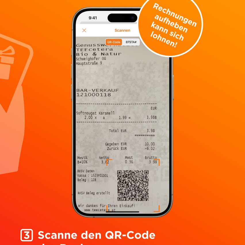 Screenshot eines Smartphones, das einen Kassenbon für einen Einkauf bei Genusswechsler Teecetera Bio & Natur zeigt. Der Bon enthält Details wie den Verkauf von Softnougat Karamell, den Gesamtbetrag und einen QR-Code zum Scannen.
