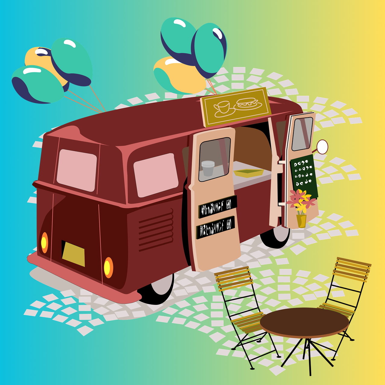Eine Illustration eines roten Food-Trucks mit Ballons, offenen Türen und einem Menübrett. Zwei Stühle und ein kleiner Tisch stehen davor.