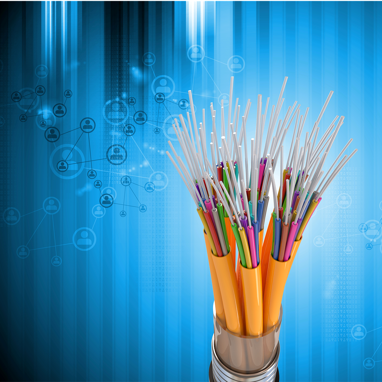 Illustration von Glasfaserkabeln, die auf einem blauen abstrakten Hintergrund gebündelt sind, mit Symbolen für Konnektivität und Vernetzung.