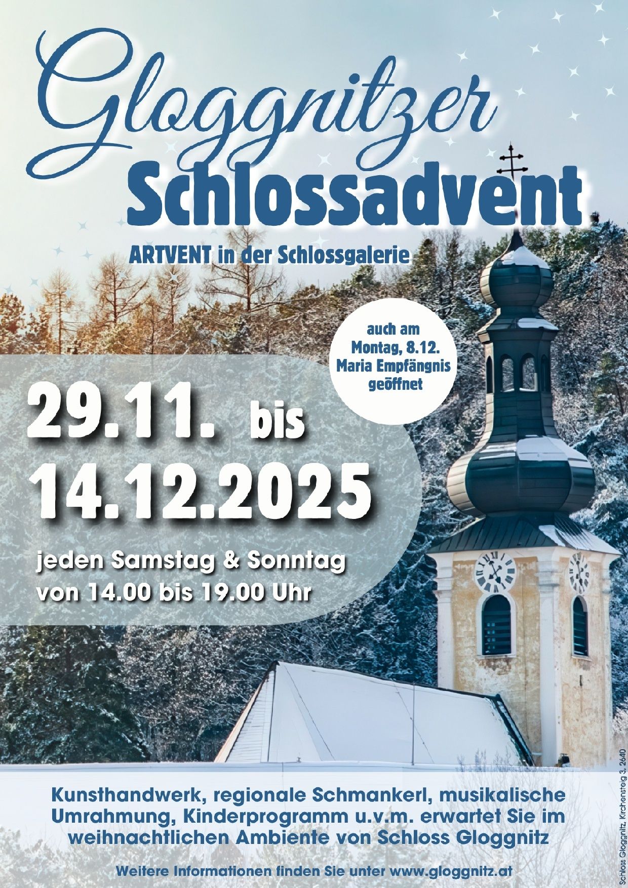 A poster for Schlossadvent art event at Schlossgalerie, from Nov 29, 2025 to Dec 14, 2025. Open every Saturday and Sunday from 2 PM to 7 PM. Also open on Monday, Dec 8 for Maria Empfaengnis.