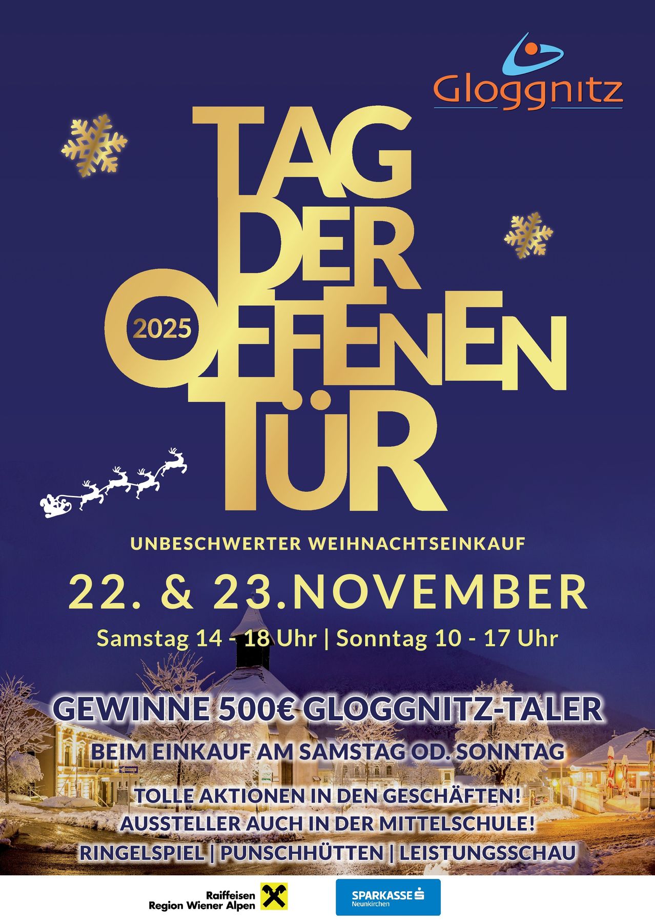 Plakat für die Eröffnung des Gloggenit-Geschäfts im Jahr 2025 mit einer Darstellung von Santa Claus, Öffnungszeiten am Samstag und Sonntag und einem Gewinnspiel für einen 500€ Gutschein.