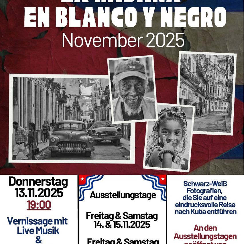 Werbeposter für eine Ausstellung mit dem Titel 'En Blanco y Negro'. Es zeigt Schwarz-Weiß-Bilder eines Mannes, eines Kindes und einer Stadt. Die Ausstellung findet im November 2025 statt.