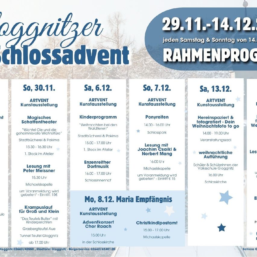 Veranstaltungskalender für den Schlossadvent. Termine sind der 29. November, 14. Dezember, 1. Dezember, 6. Dezember, 7. Dezember, 13. Dezember und 8. Dezember. Aktivitäten umfassen Kunstausstellungen, Kinderprogramme, Ponyreiten und Weihnachtstheater.