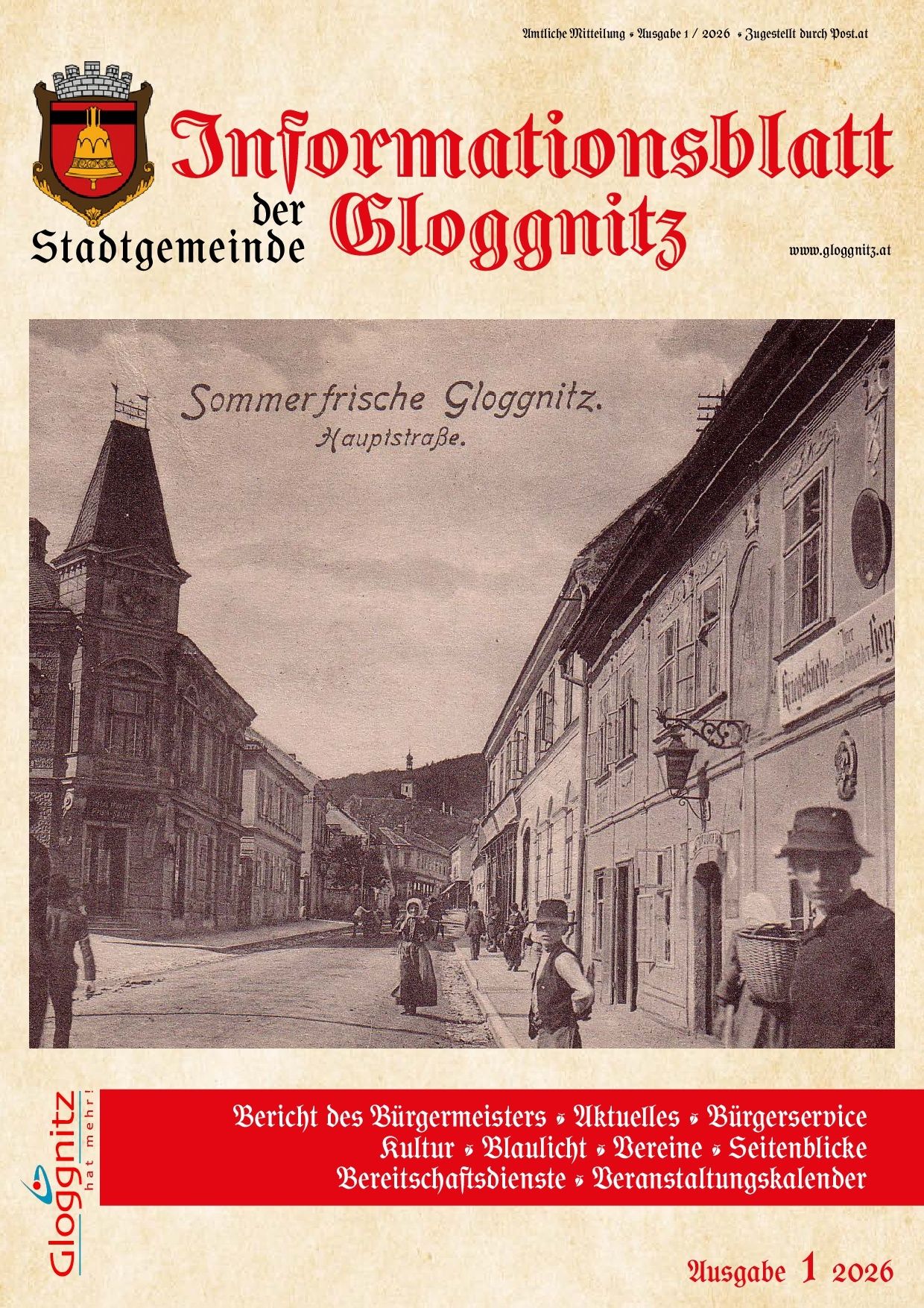 A historical black-and-white photo shows the main street of Gloggnitz with people walking and a man with a basket. Buildings line both sides of the street.