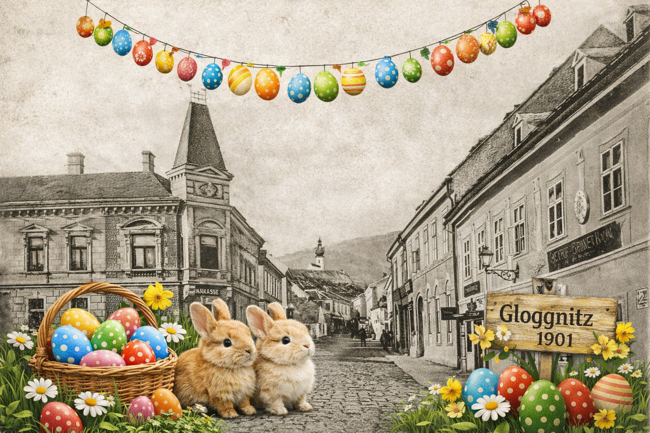 Two rabbits sit next to a basket of Easter eggs in a town with colorful Easter decorations. Buildings line the street, and a sign reads 'Glogg'.