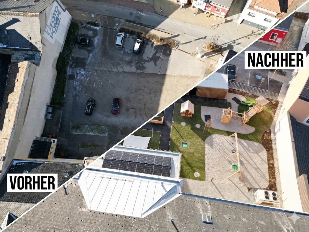 Aerial view of a parking lot with cars and solar panels on the roof, a building with a sign that says NAC on the side, and a playground.