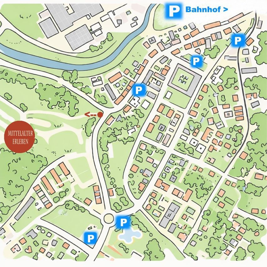 A map of a town showing the central part of the town with the Bahnhof labeled as a major point. The map features several parking spots, roads, and buildings, with green areas indicating parks or open spaces.
