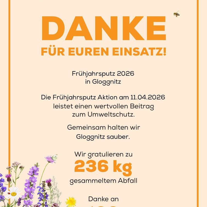 Poster for the 2026 spring cleanup in Gloggnitz. The spring cleanup on 04/11/2026 contributed to environmental protection. Together, we keep Gloggnitz clean. We celebrate 236 kg of collected waste. Thank you.