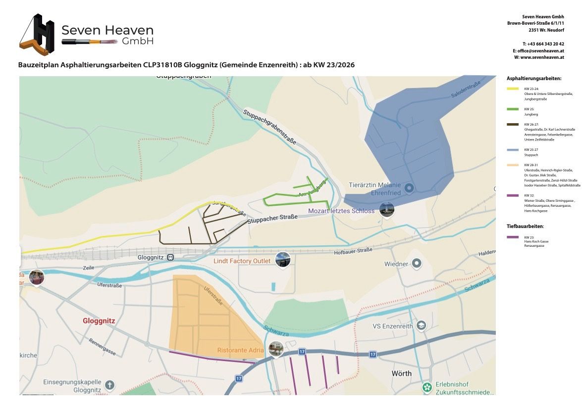 A map showing construction work for CLP31810B in Gloggnitz, Gemeinde Enzenreith, starting from week 23/2026. Includes locations like Mozartletztes Schloss and Ehrenfried.