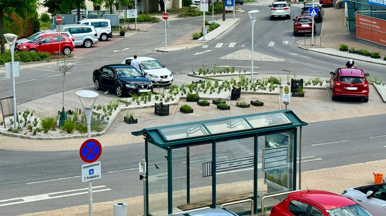 Eine Bushaltestelle mit Dach befindet sich am Straßenrand. Mehrere Autos sind auf einem Parkplatz geparkt, und ein Mann steht in der Nähe der Autos. Eine Person läuft auf der Straße, und ein Auto fährt auf der Straße. Mehrere Pflanzen sind im Garten gepflanzt.
