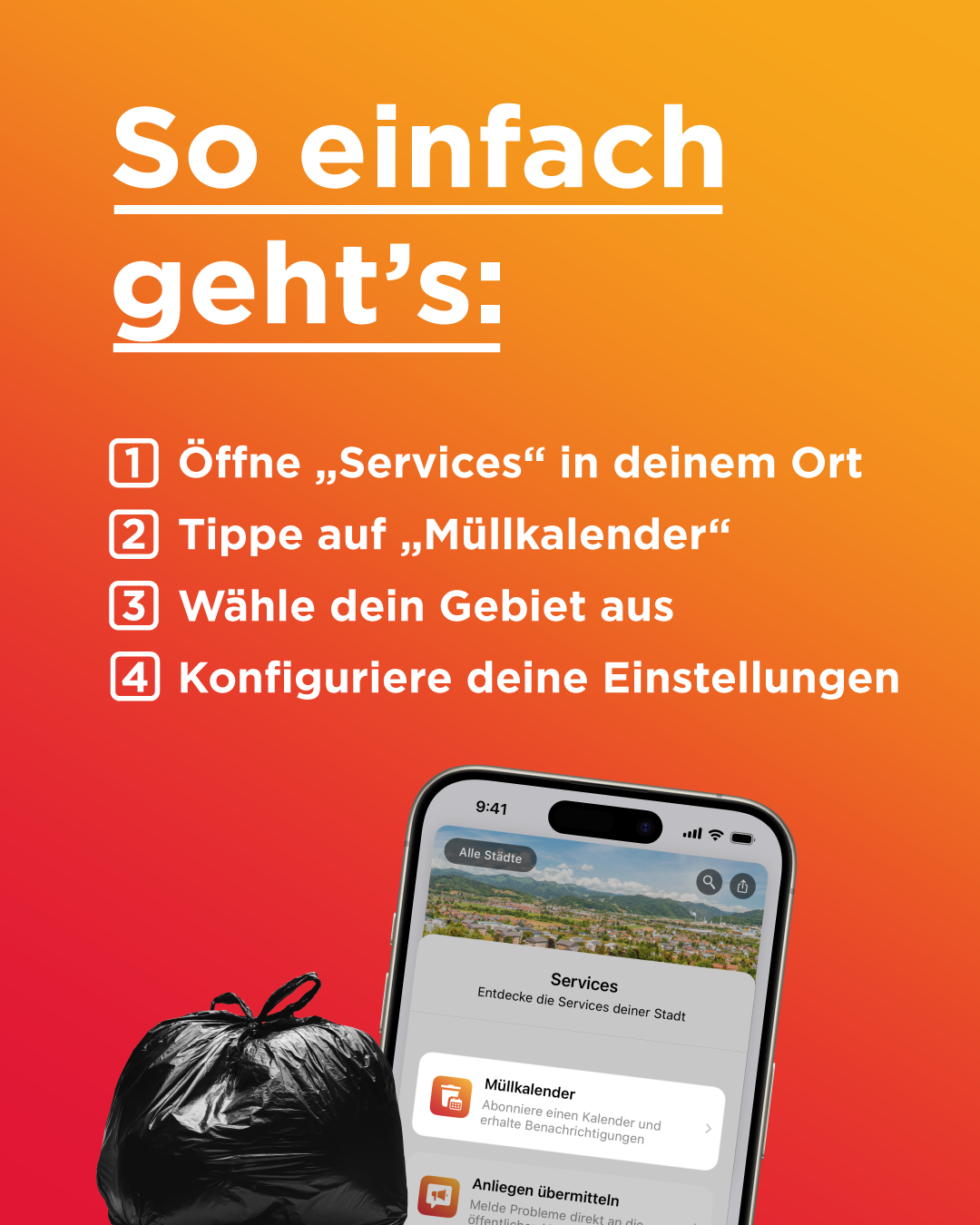 An advertisement for a mobile app shows a trash bag and an open phone screen. The app is called Services and it is for discovering local services. The app has four steps to follow: open Services, tap on 'Garbage Calendar', choose your area, and configure your settings.