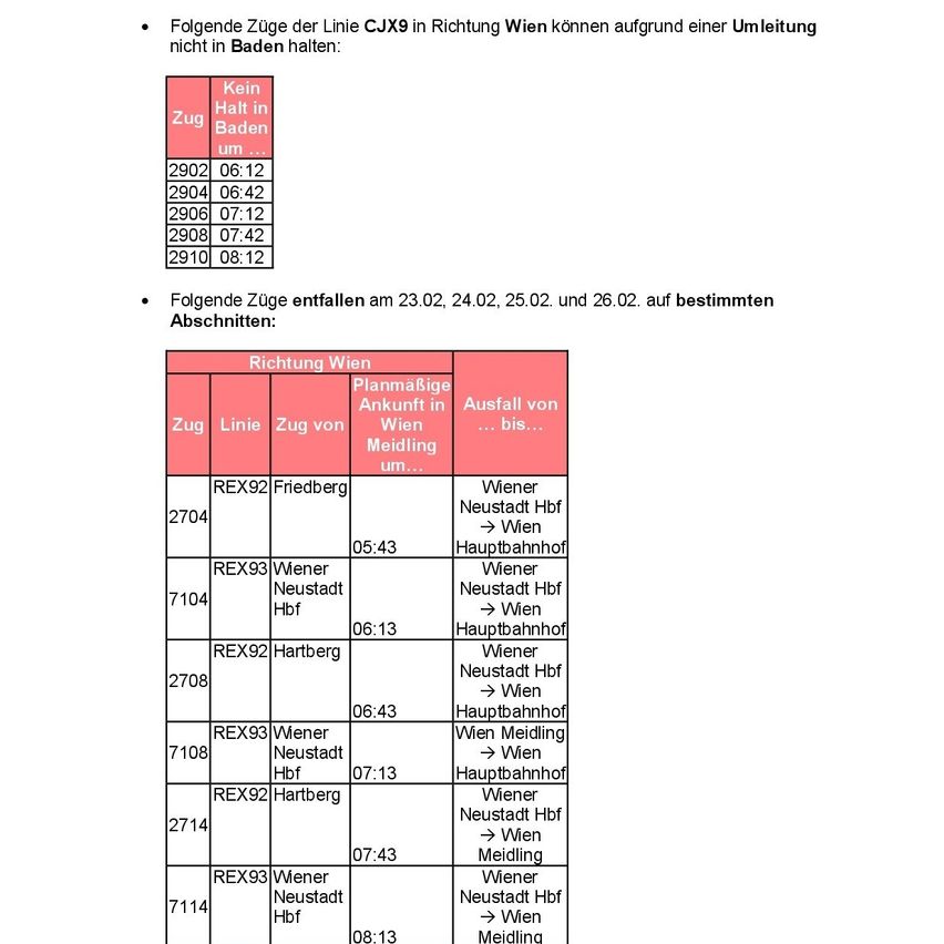 The image shows a table of train schedules for the CJX9 line. Trains cannot stop in Baden due to a change of direction. The trains will not stop at specific times on certain dates. The table lists train numbers, lines, departure times, arrival stations, and departure stations.