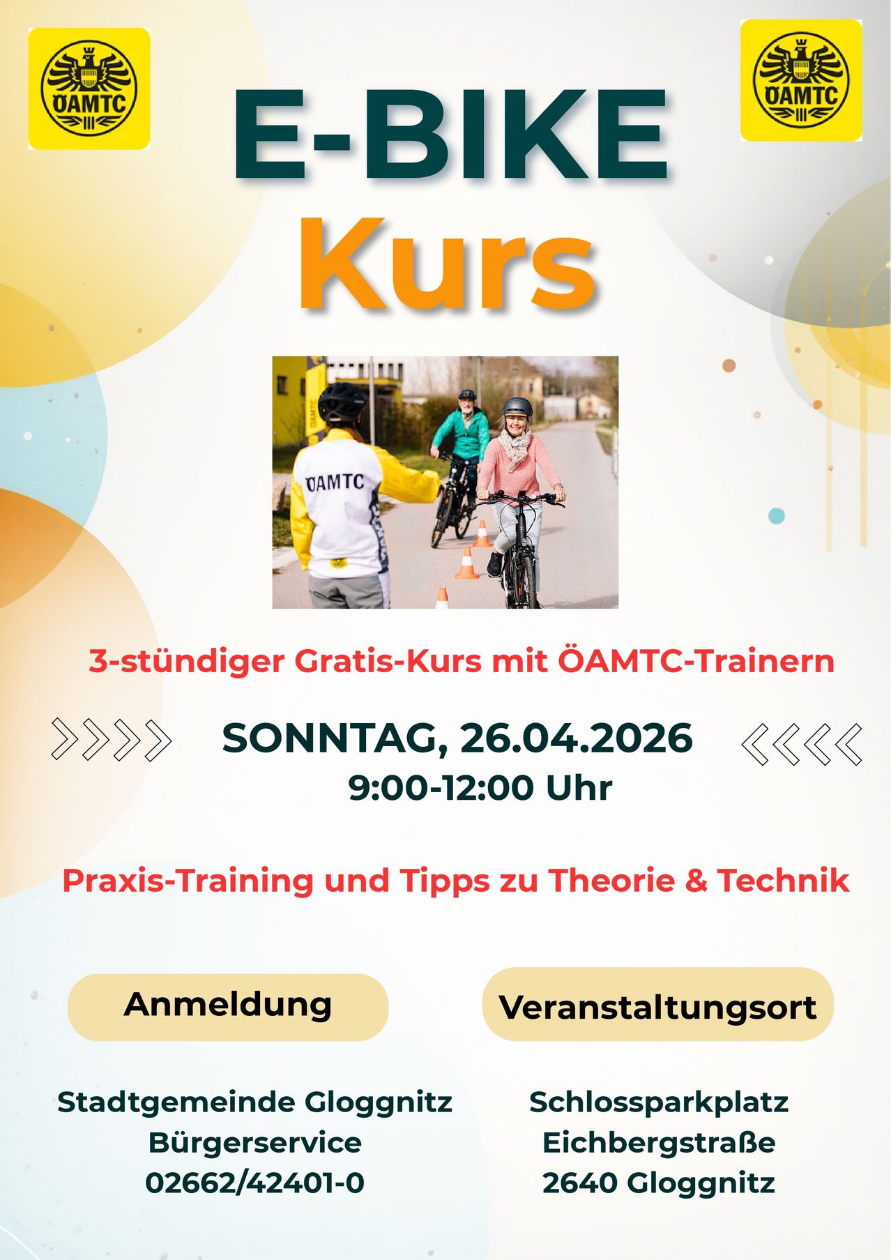 A flyer for a free cycling course with ÖAMTC trainers on Sunday, April 26, 2026, from 9:00 to 12:00. Three cyclists in helmets ride bicycles on a road with traffic cones. The flyer features options to register and view the event.