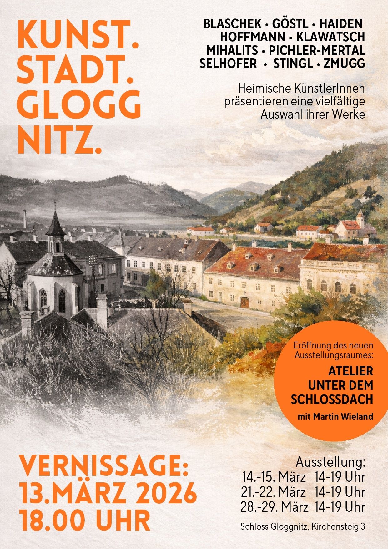 Eine alte Dorfszene mit Gebäuden und Bergen. Der Text lautet 'Schloss Nitz' und 'Vernissage'. Ein Kreis mit 'Atelier unter dem Schlossdach' ist unten rechts.