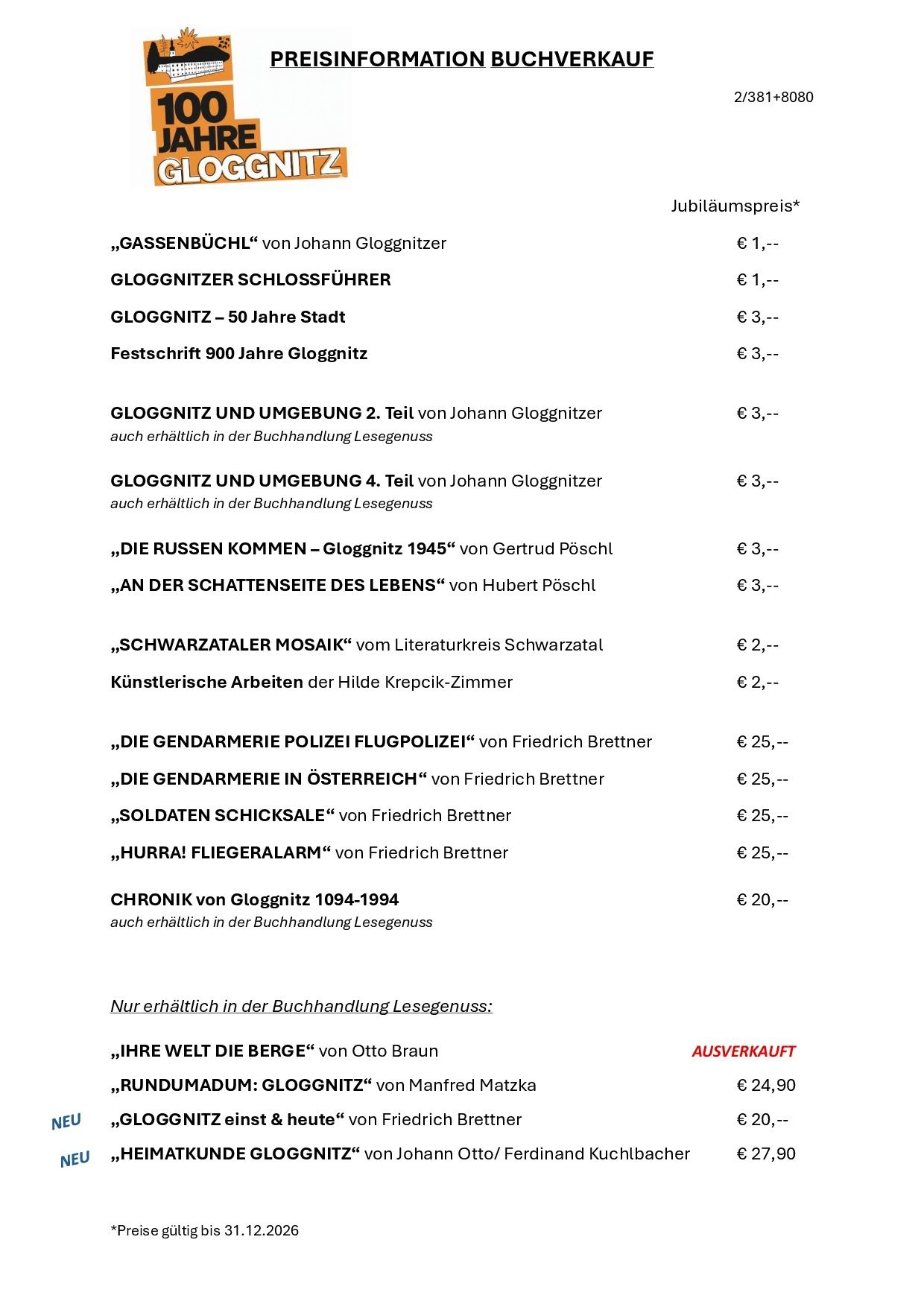 Eine Liste von Büchern und deren Preisen, einschließlich Titel wie 'Gassenbuch' von Johann Gloggnitzer und 'Die Russen Kommen' von Gertrud Pöschl.