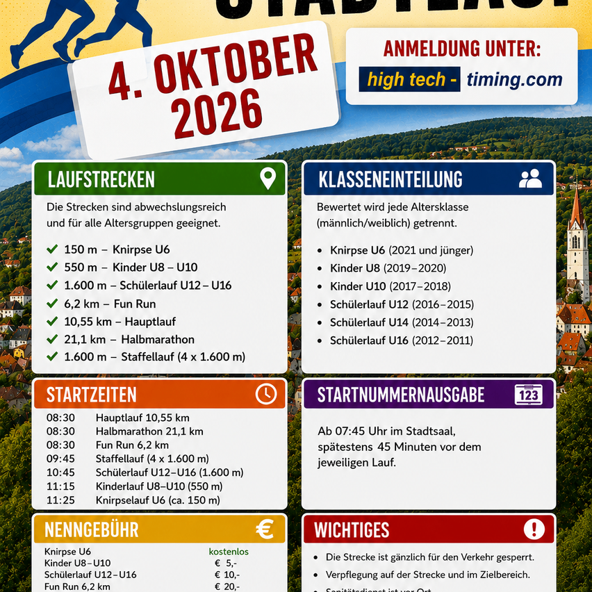 Ein Plakat für einen Laufwettbewerb am 4. Oktober 2026 mit verschiedenen Streckenlängen, Startzeiten und Gebühren. Die Veranstaltung umfasst Kategorien für verschiedene Altersgruppen und Distanzen, mit einer malerischen Kulisse.