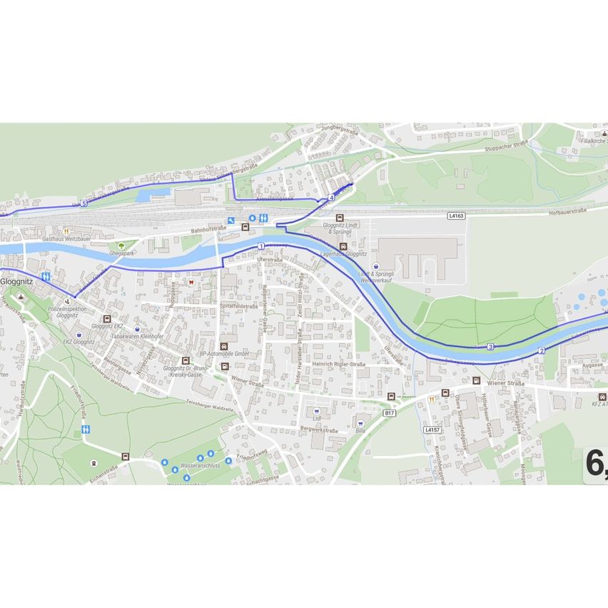 Eine Karte, die eine Route entlang eines Flusses mit verschiedenen benannten Wahrzeichen und Straßen zeigt. Die Route beginnt bei Gloggnitzer und endet bei Gloggnitzer.