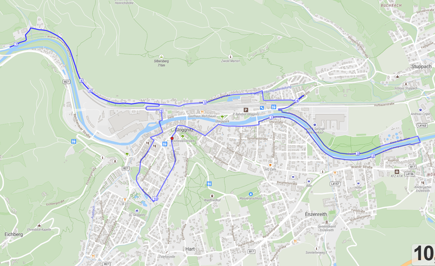 Eine Karte, die eine Route durch Glognitz, Österreich, zeigt, mit verschiedenen Wahrzeichen und Straßen markiert. Die Route ist in Blau hervorgehoben.