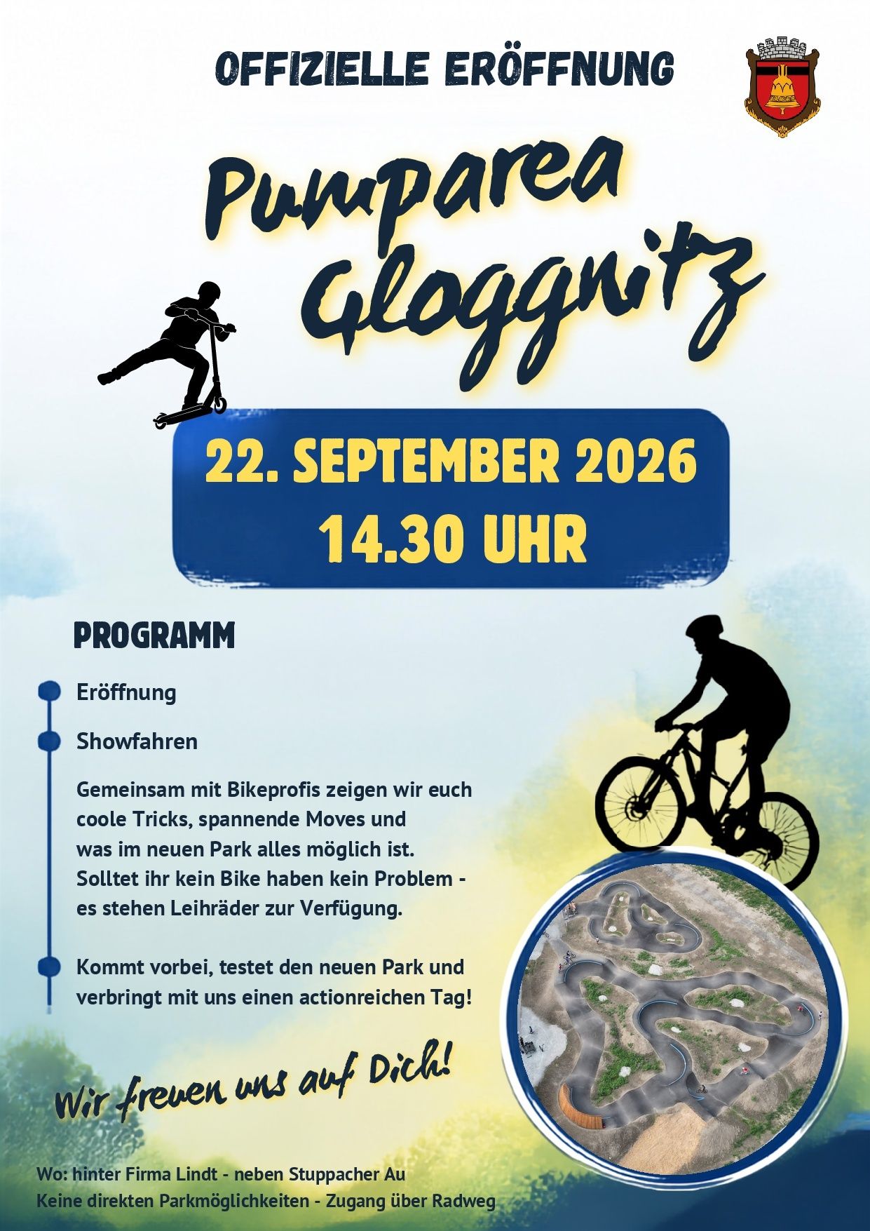 Plakat für das Pumptrack Gloggnitz-Event am 22. September 2026 um 14:30 Uhr. Zeigt eine Silhouette einer Person auf einem Fahrrad, mit Details zum Programm, einschließlich Eröffnung, Showfahrten und Fahrradverleih.