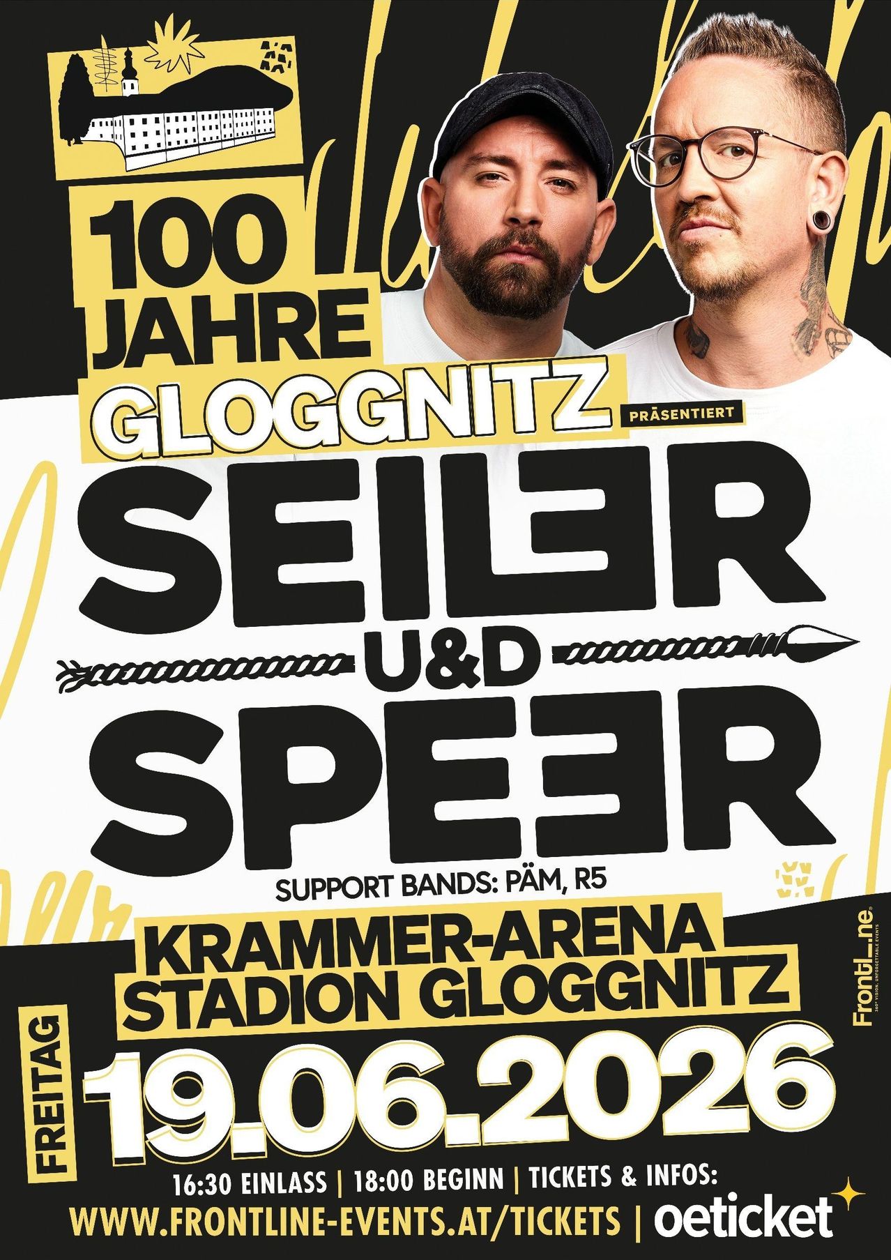 Plakat für das Gloggnitzer Seiler Speer-Event. Zwei Männer sind abgebildet mit dem Text 100 Jahre Gloggnitzer. Support-Bands PAM, R5. Datum: 10. Juni 2026.
