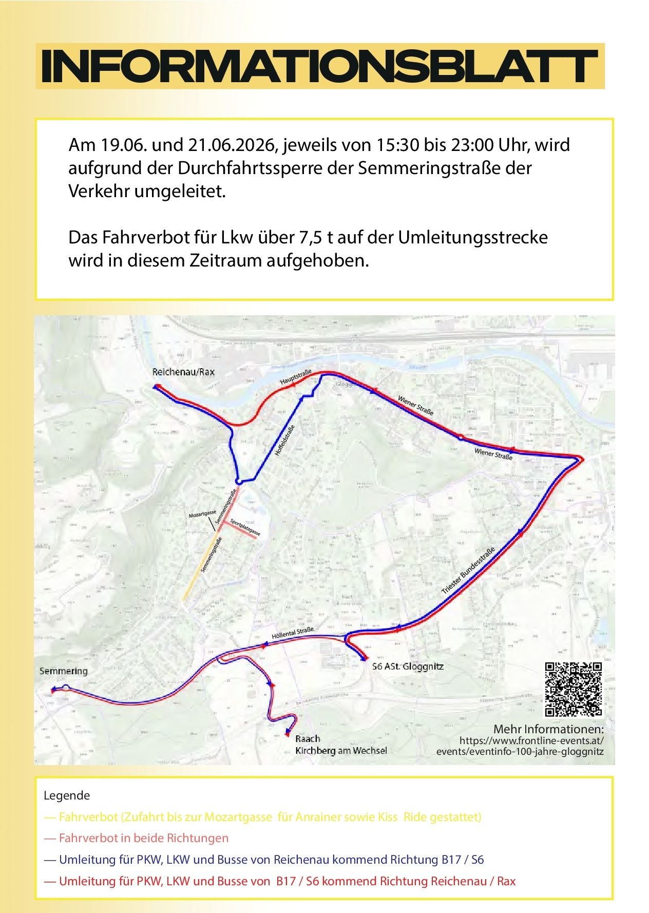 Eine Karte zeigt eine Route für eine Radveranstaltung am 19. und 21. Juni 2026 von 15:30 bis 23:00 Uhr, mit Verkehrsumleitung aufgrund einer Straßensperrung. Das Fahrradverbot für Fahrzeuge über 7,5t wird aufgehoben.