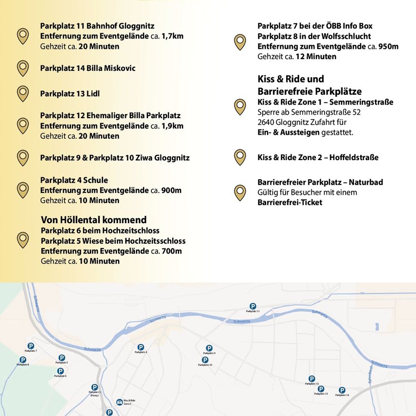 Das Bild zeigt eine Karte mit Parkflächen rund um einen Veranstaltungsort, mit Entfernungen und Zeiten zum Veranstaltungsort. Es enthält eine Karte mit Parkplätzen und deren Entfernungen zum Veranstaltungsort.