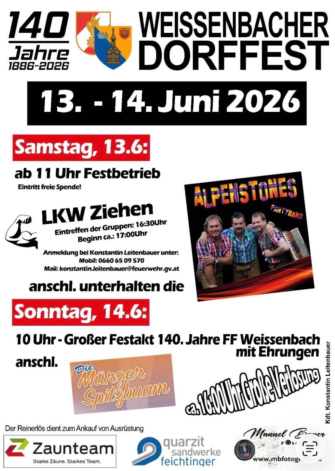 Plakat für eine 2-tägige Veranstaltung am 13. und 14. Juni 2026. Samstag, 13.: Festbetrieb ab 11 Uhr, freier Eintritt. Sonntag, 14.: Festakt um 10 Uhr. Beide Tage beinhalten eine Feier zum 140. Jubiläum der FF Weissenbach mit Ehrungen.