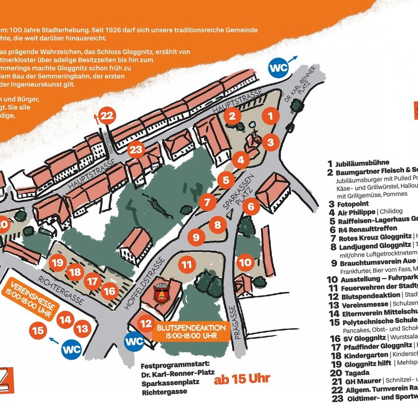 Die Karte zeigt die Feier der 100 Jahre Stadlerbau. Die Veranstaltung bietet einen Dorfplatz, eine Feuerwehr, einen Schießstand und verschiedene Aktivitäten. Der Hauptplatz beherbergt einen Käse- und Wurststand mit gegrillten Würstchen, Halloumi und Pommes. Fotopunkte sind vorhanden. Es gibt auch Air Philippe, R4 und R4 Reifentreffer-Stände.